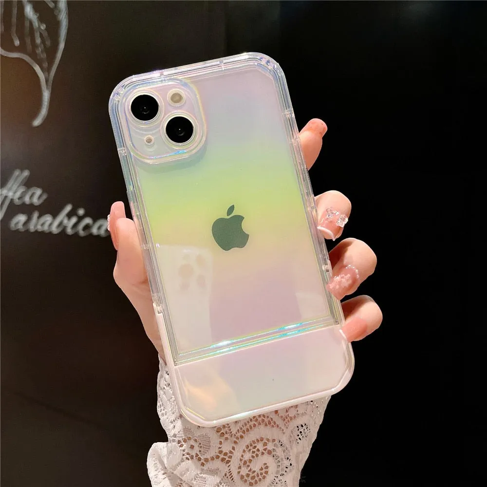 Anymob iPhone Case Yellow Green Laser Clear Bumper Stand Holder Shockproof Soft Silicone Back Cover