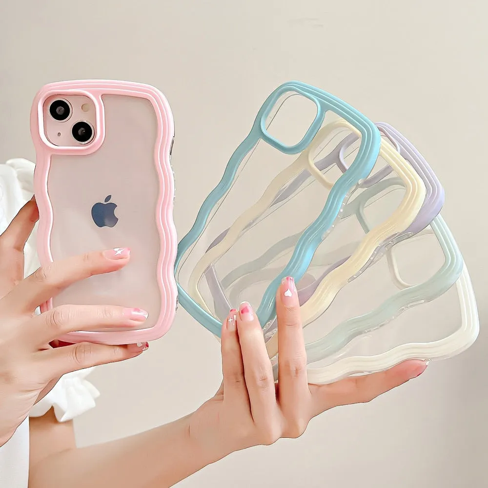 Anymob iPhone Case Yellow Macaron Color Wavy Frame Crystal Clear Shockproof Soft Back Cover Bumper