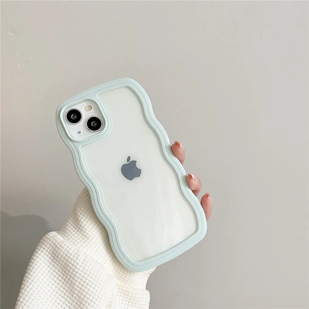Anymob iPhone Case Yellow Macaron Color Wavy Frame Crystal Clear Shockproof Soft Back Cover Bumper