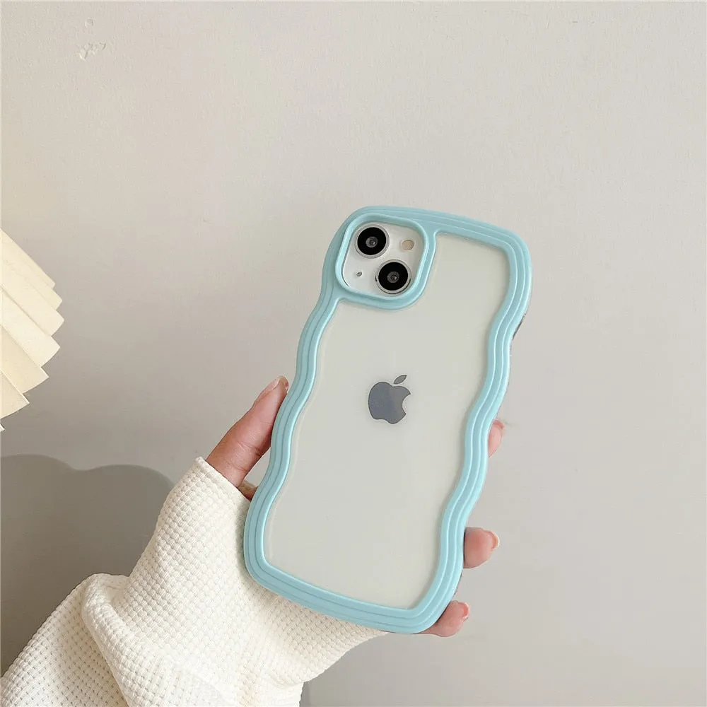 Anymob iPhone Case Yellow Macaron Color Wavy Frame Crystal Clear Shockproof Soft Back Cover Bumper