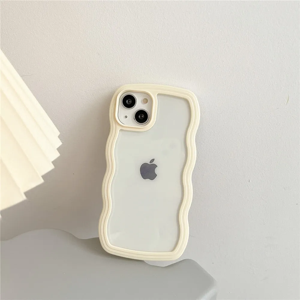 Anymob iPhone Case Yellow Macaron Color Wavy Frame Crystal Clear Shockproof Soft Back Cover Bumper