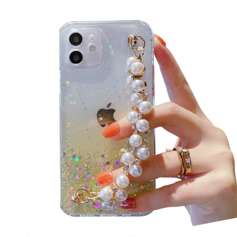 Anymob iPhone Case Yellow Pearl Bracelet Glitter Shockproof Camera Protection Cover