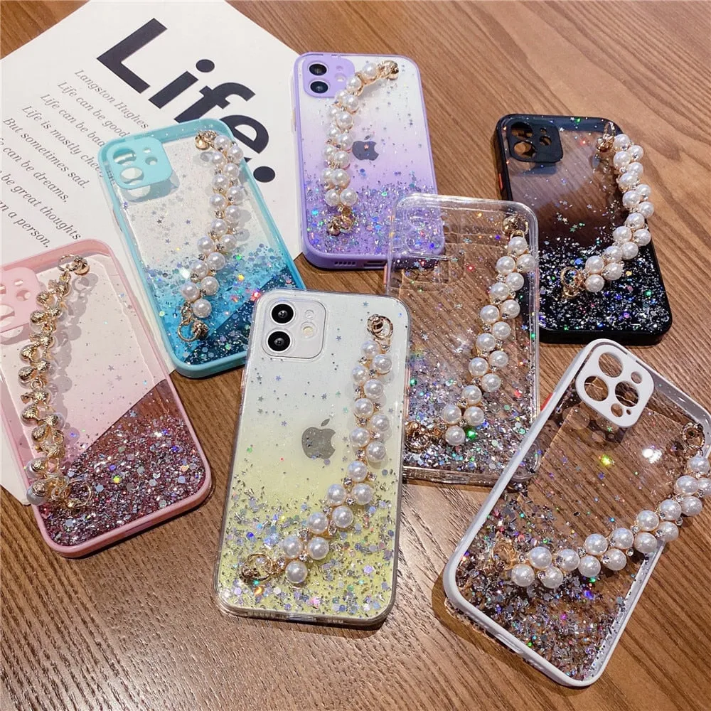 Anymob iPhone Case Yellow Pearl Bracelet Glitter Shockproof Camera Protection Cover