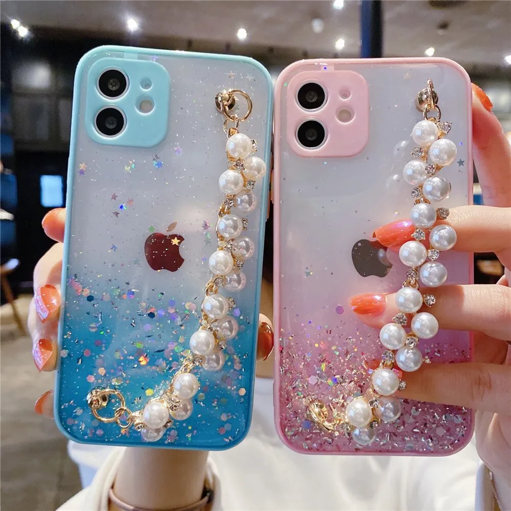 Anymob iPhone Case Yellow Pearl Bracelet Glitter Shockproof Camera Protection Cover