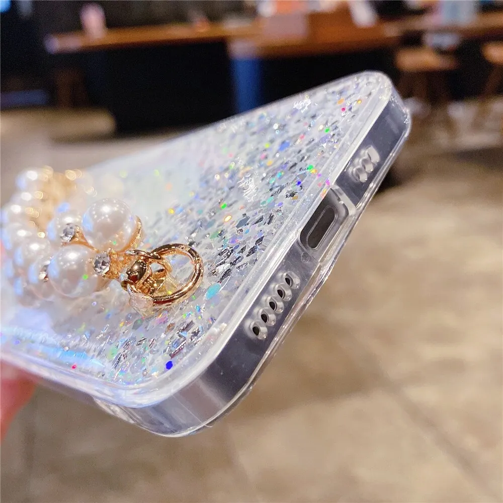 Anymob iPhone Case Yellow Pearl Bracelet Glitter Shockproof Camera Protection Cover