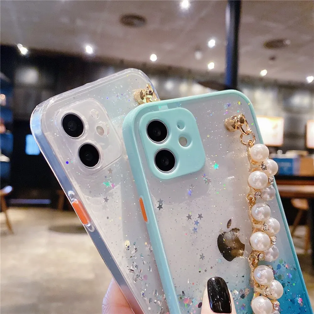 Anymob iPhone Case Yellow Pearl Bracelet Glitter Shockproof Camera Protection Cover