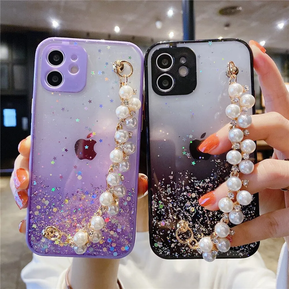 Anymob iPhone Case Yellow Pearl Bracelet Glitter Shockproof Camera Protection Cover