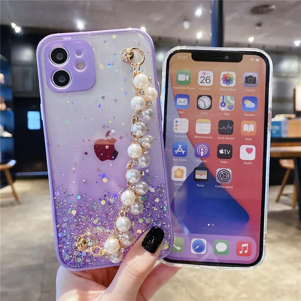 Anymob iPhone Case Yellow Pearl Bracelet Glitter Shockproof Camera Protection Cover
