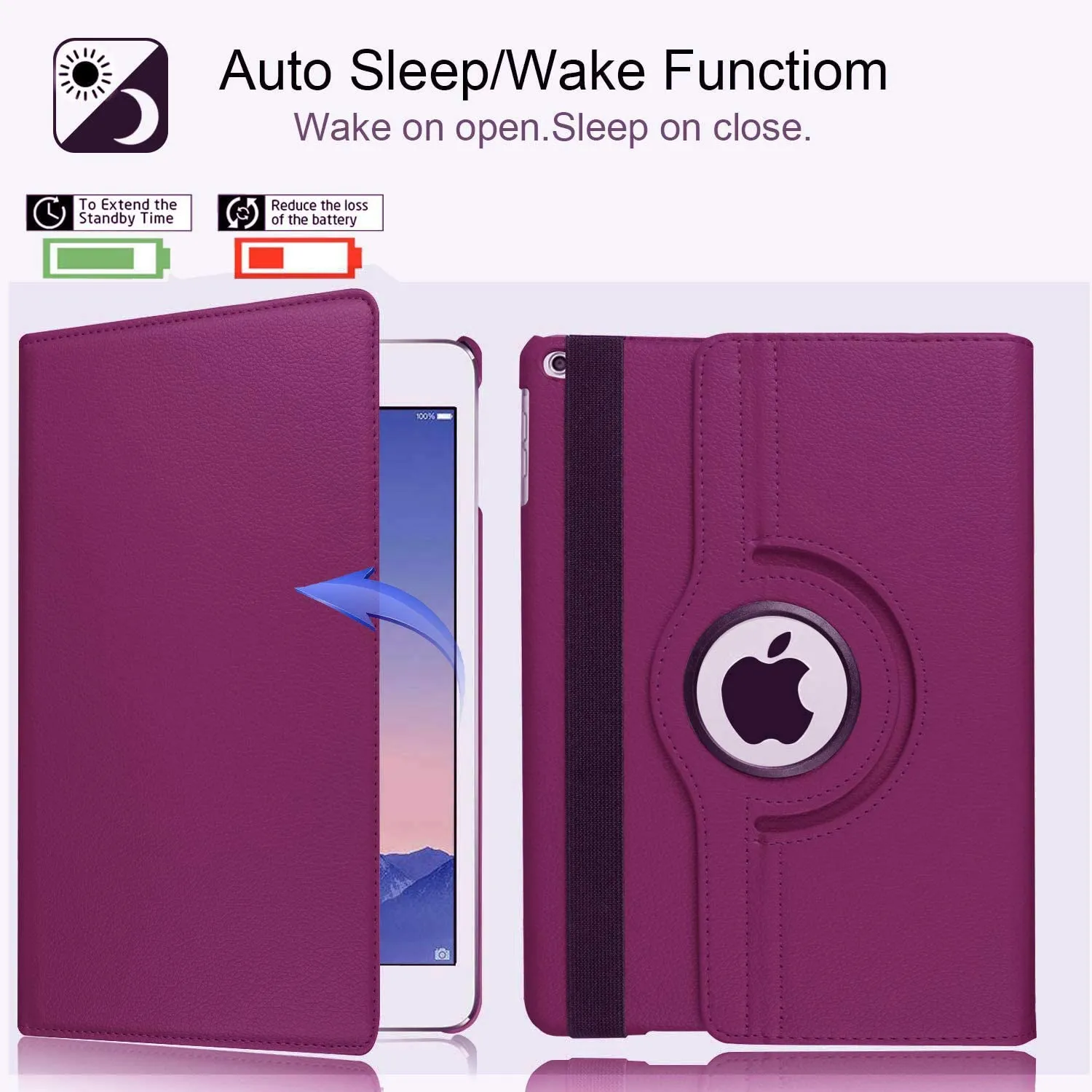 Apple iPad 5th Gen 9.7 Leather Case, Rotating 360 Degree Stand Smart Shockproof Flip Cover (Purple)
