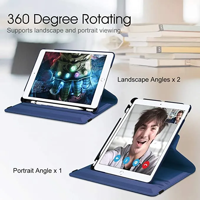 Apple iPad 7th Gen Smart Leather Case, 7th Generation 10.2 Rotating 360 Degree Stand Cover (Navy Blue)