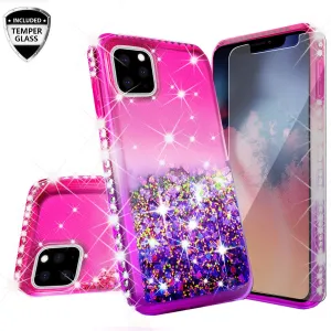 Apple iPhone 11 Case Liquid Glitter Phone Case Waterfall Floating Quicksand Bling Sparkle Cute Protective Girls Women Cover for iPhone 11 W/Temper Glass -  (Hot Pink/Purple Gradient)