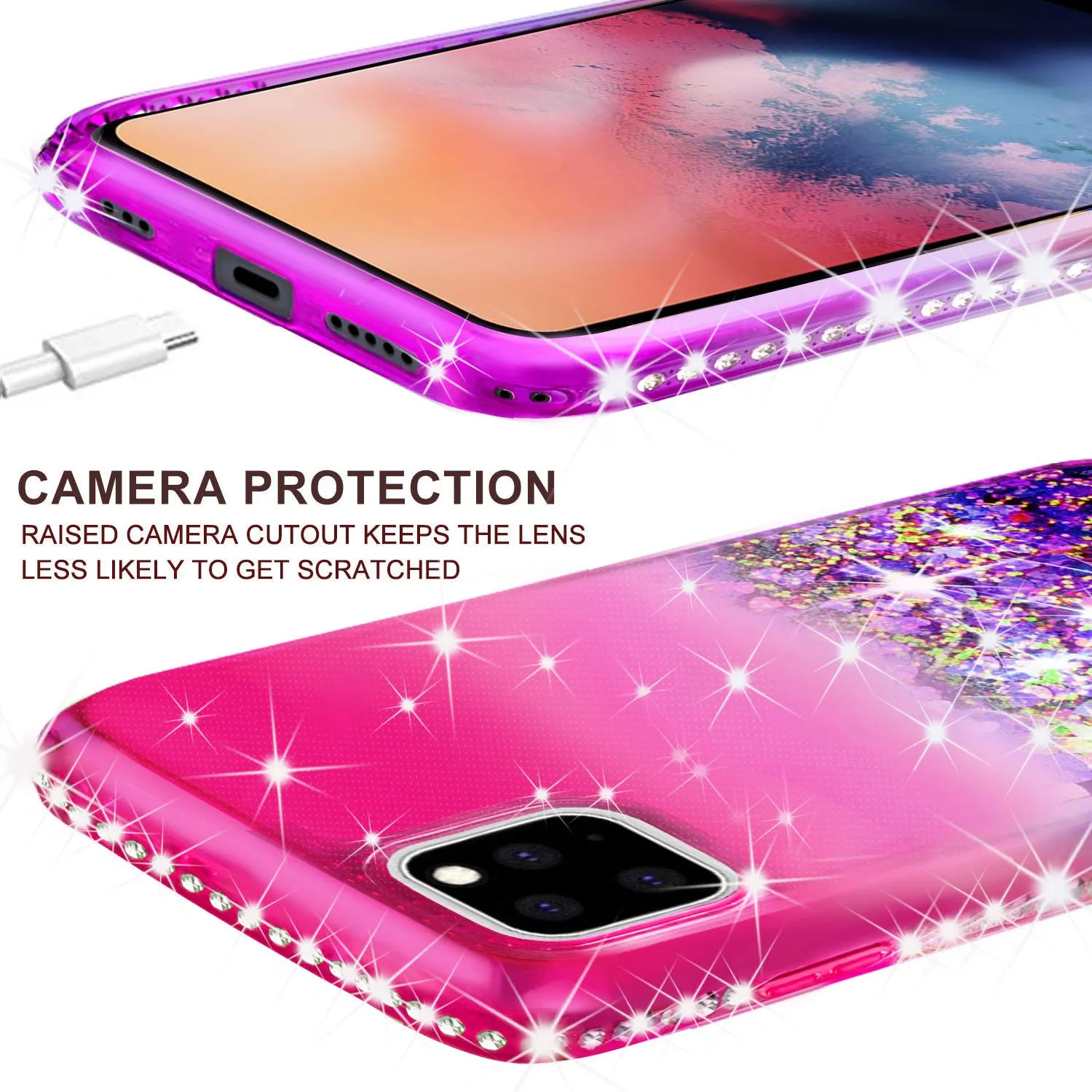 Apple iPhone 11 Case Liquid Glitter Phone Case Waterfall Floating Quicksand Bling Sparkle Cute Protective Girls Women Cover for iPhone 11 W/Temper Glass -  (Hot Pink/Purple Gradient)
