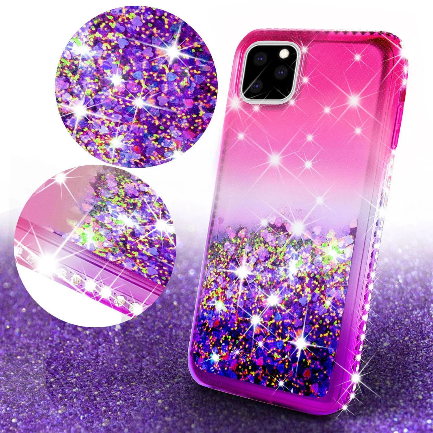 Apple iPhone 11 Case Liquid Glitter Phone Case Waterfall Floating Quicksand Bling Sparkle Cute Protective Girls Women Cover for iPhone 11 W/Temper Glass -  (Hot Pink/Purple Gradient)
