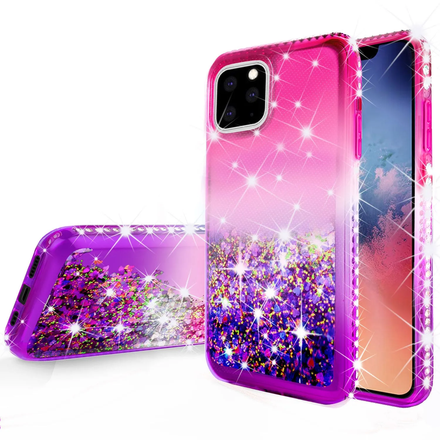 Apple iPhone 11 Case Liquid Glitter Phone Case Waterfall Floating Quicksand Bling Sparkle Cute Protective Girls Women Cover for iPhone 11 W/Temper Glass -  (Hot Pink/Purple Gradient)