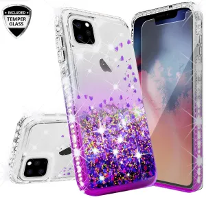 Apple iPhone 11 Case Liquid Glitter Phone Case Waterfall Floating Quicksand Bling Sparkle Cute Protective Girls Women Cover for iPhone 11 W/Temper Glass - Purple