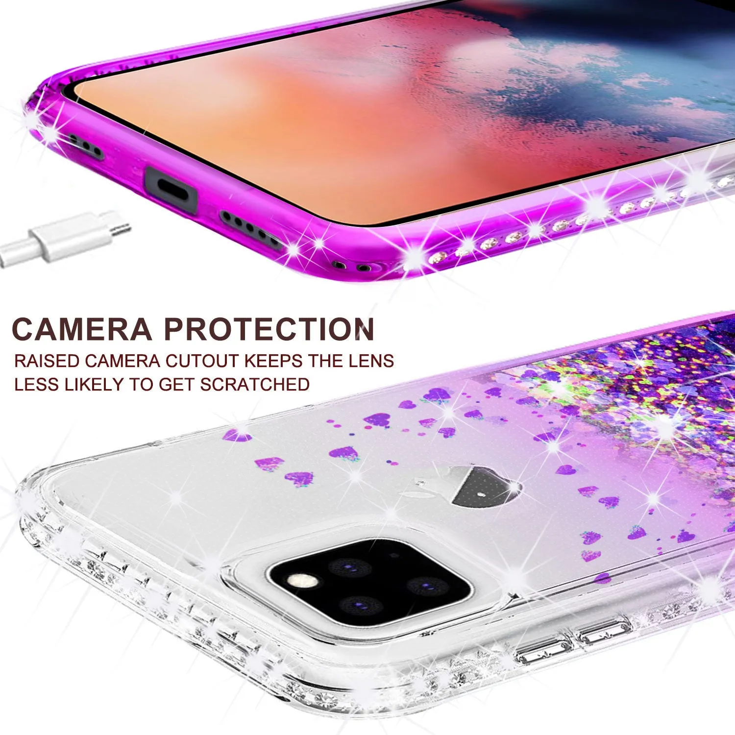 Apple iPhone 11 Case Liquid Glitter Phone Case Waterfall Floating Quicksand Bling Sparkle Cute Protective Girls Women Cover for iPhone 11 W/Temper Glass - Purple