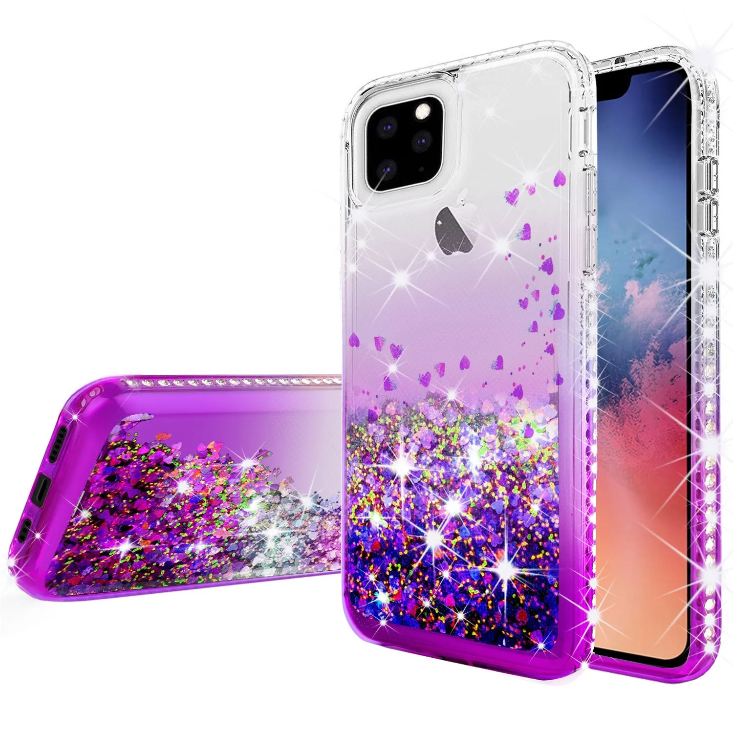 Apple iPhone 11 Case Liquid Glitter Phone Case Waterfall Floating Quicksand Bling Sparkle Cute Protective Girls Women Cover for iPhone 11 W/Temper Glass - Purple