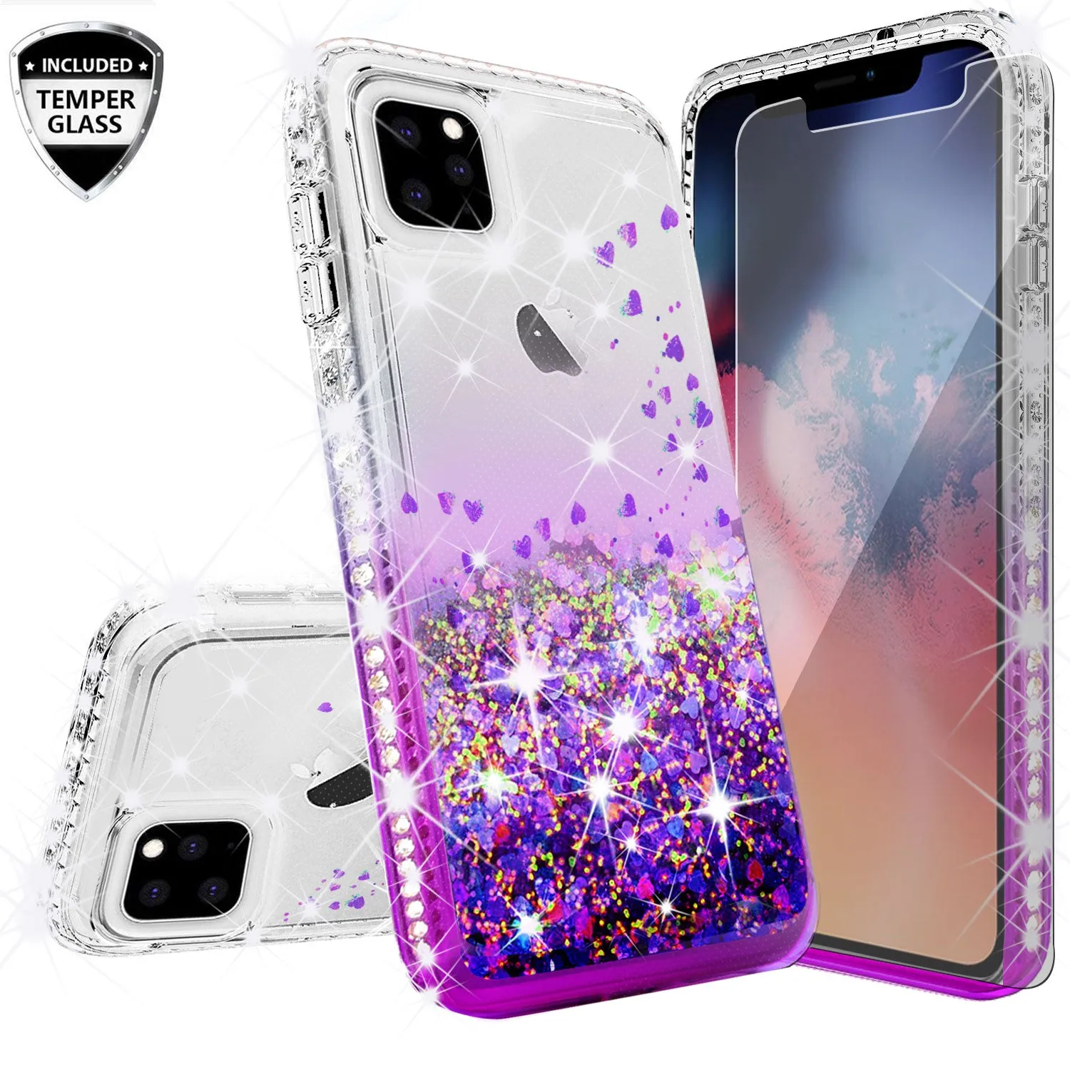 Apple iPhone 11 Case Liquid Glitter Phone Case Waterfall Floating Quicksand Bling Sparkle Cute Protective Girls Women Cover for iPhone 11 W/Temper Glass - Purple