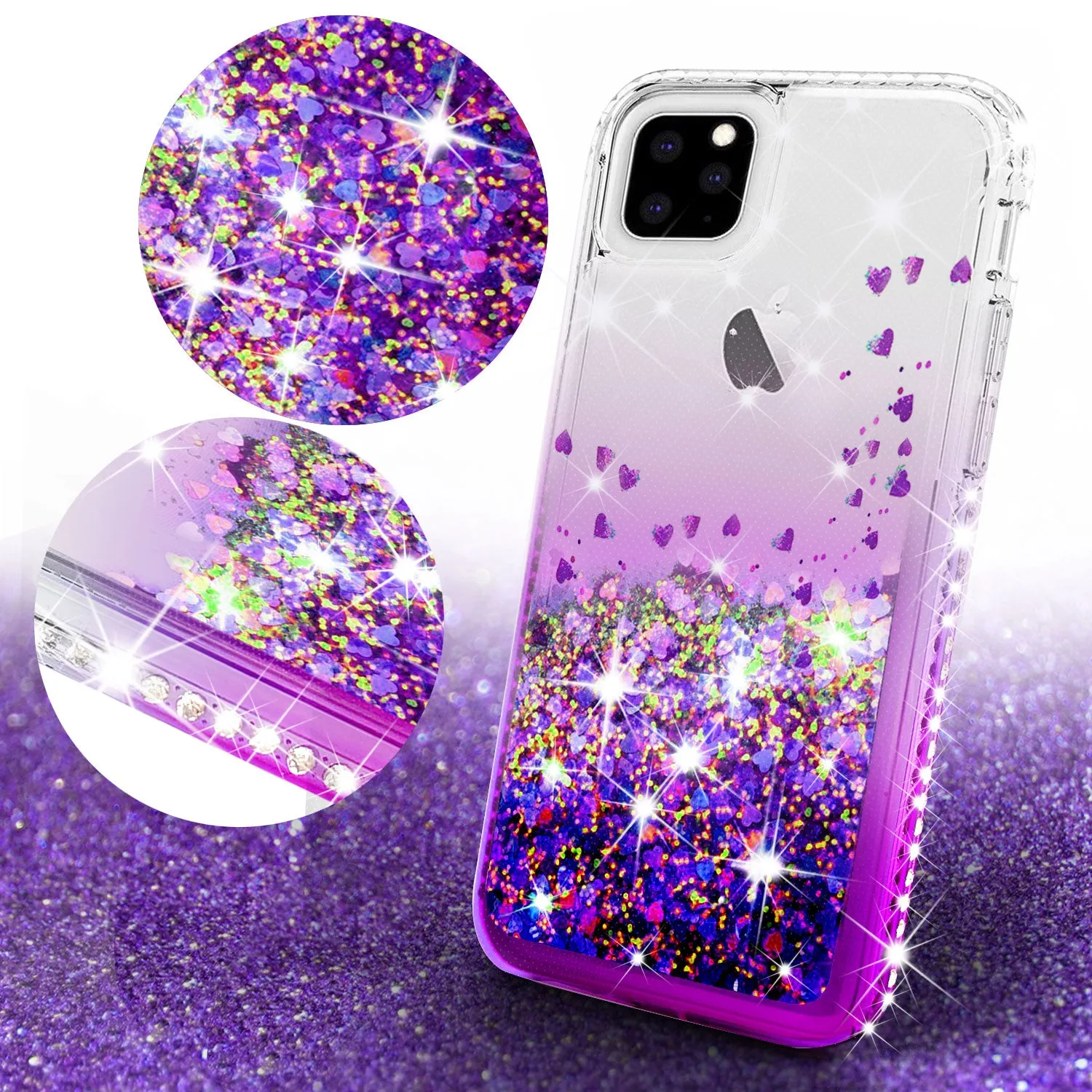 Apple iPhone 11 Case Liquid Glitter Phone Case Waterfall Floating Quicksand Bling Sparkle Cute Protective Girls Women Cover for iPhone 11 W/Temper Glass - Purple