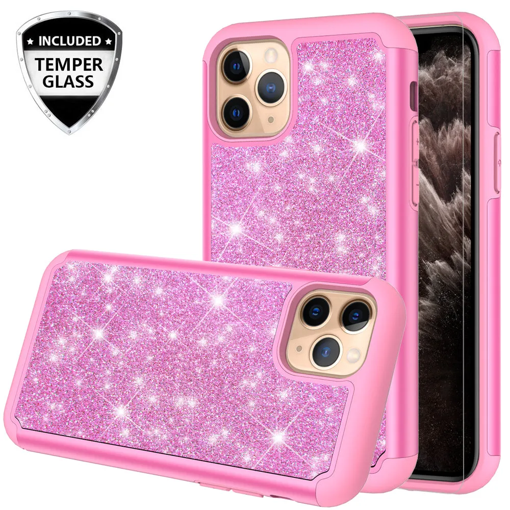 Apple iPhone 11 Pro Case, Glitter Bling Heavy Duty Shock Proof Hybrid Case with [HD Screen Protector] Dual Layer Protective Phone Case Cover for Apple iPhone 11 Pro - Hot Pink