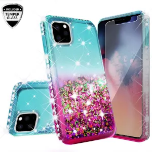 Apple iPhone 11 Pro Case Liquid Glitter Phone Case Waterfall Floating Quicksand Bling Sparkle Cute Protective Girls Women Cover for iPhone 11 Pro W/Temper Glass -  (Pink/Teal Gradient)