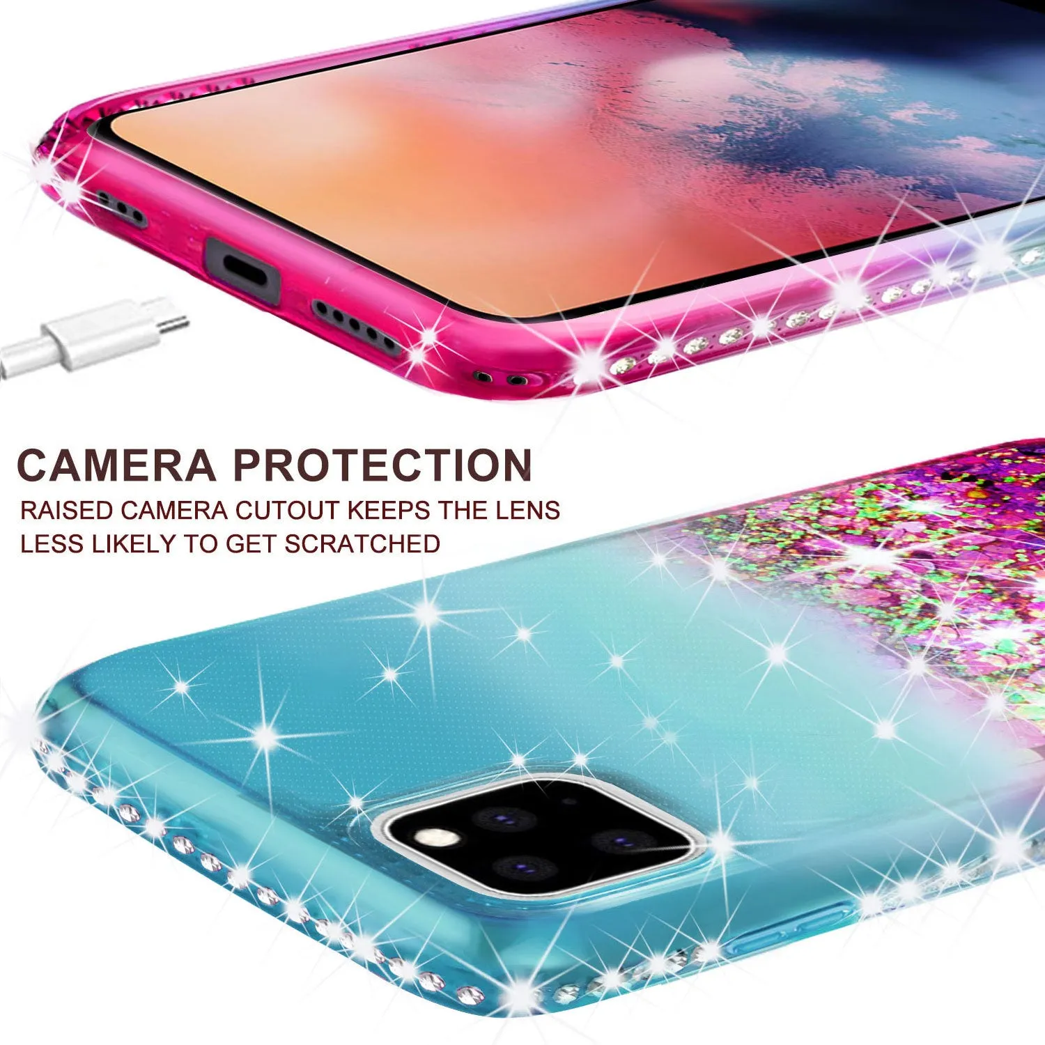 Apple iPhone 12 mini Case Liquid Glitter Phone Case Waterfall Floating Quicksand Bling Sparkle Cute Protective Girls Women Cover for iPhone 12 mini W/Temper Glass -  (Pink/Teal Gradient)