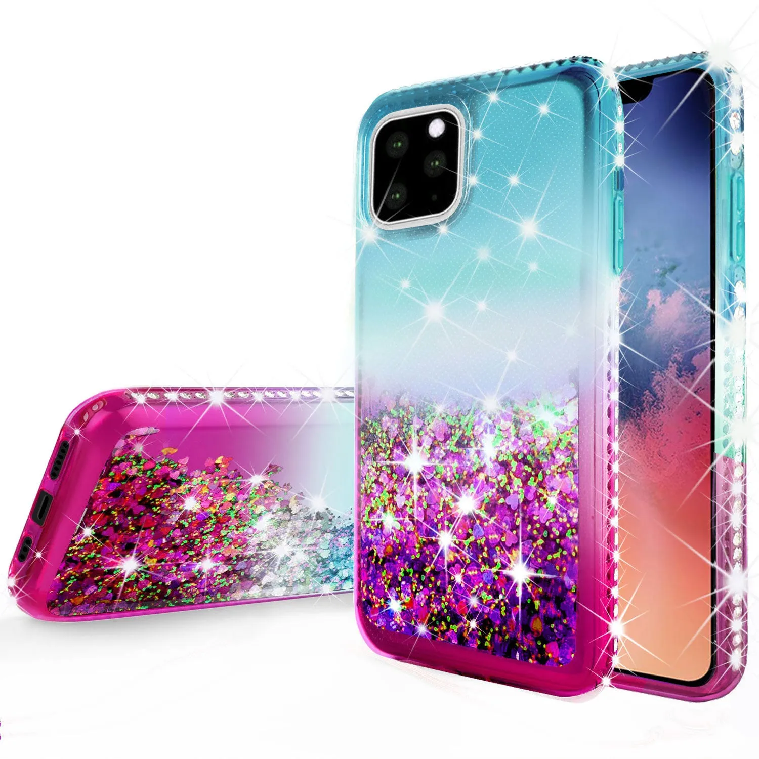 Apple iPhone 12 mini Case Liquid Glitter Phone Case Waterfall Floating Quicksand Bling Sparkle Cute Protective Girls Women Cover for iPhone 12 mini W/Temper Glass -  (Pink/Teal Gradient)