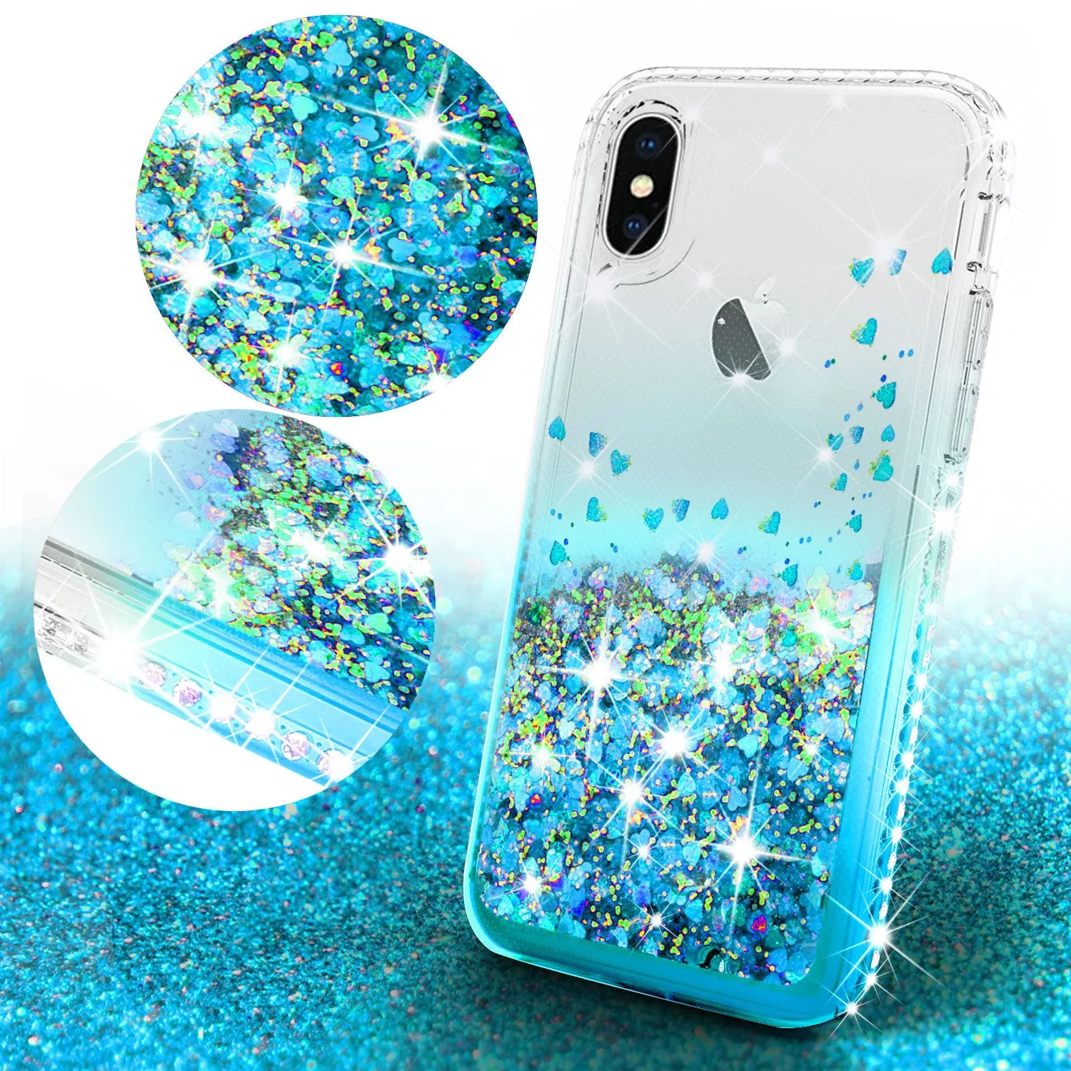 Apple iPhone XS Case, iPhone X Case,iPhone 10 Case Liquid Glitter Phone Case Waterfall Floating Quicksand Bling Sparkle Cute Protective Girls Women Cover for iPhone XS/iPhone X/iPhone 10 - Teal