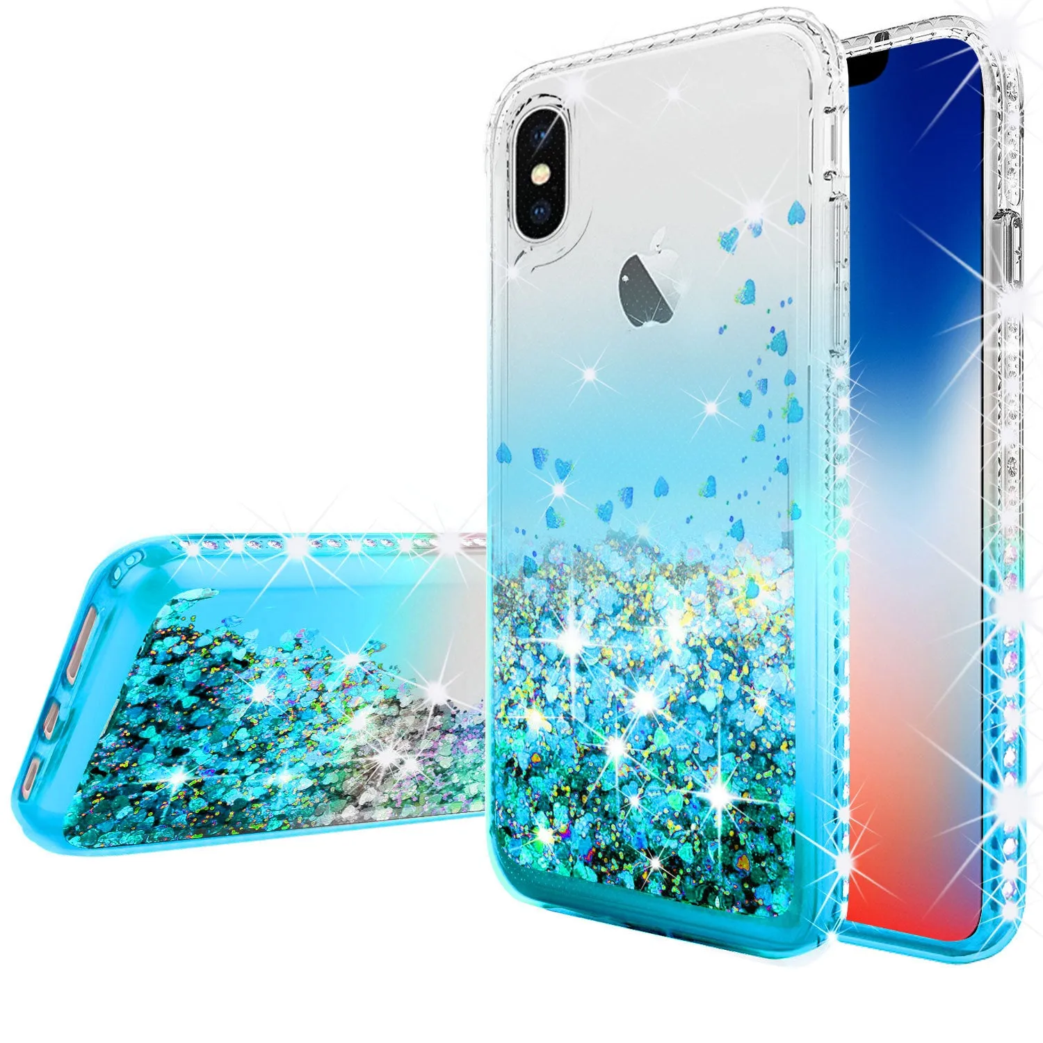Apple iPhone XS Case, iPhone X Case,iPhone 10 Case Liquid Glitter Phone Case Waterfall Floating Quicksand Bling Sparkle Cute Protective Girls Women Cover for iPhone XS/iPhone X/iPhone 10 - Teal