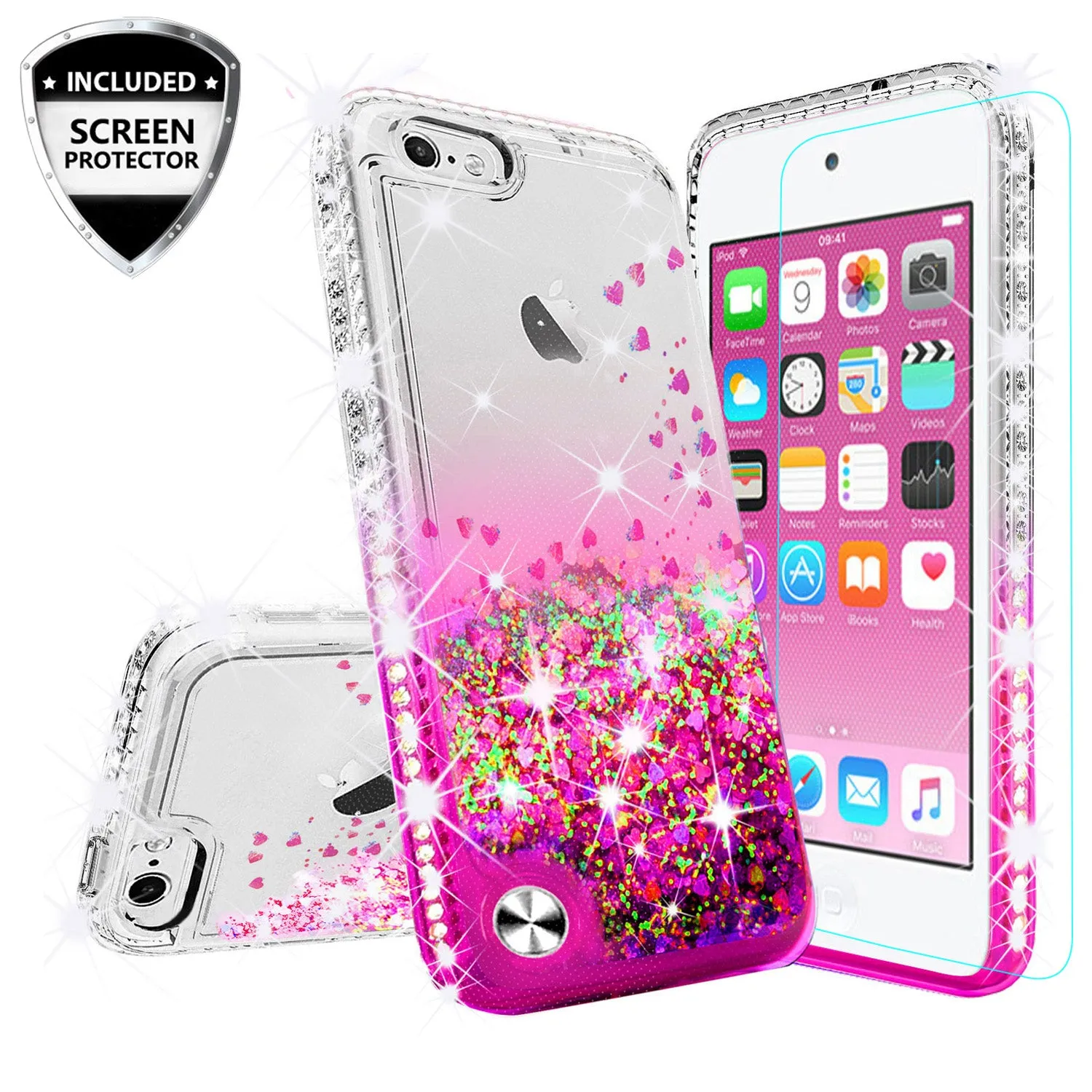 Apple iPod Touch 6, iPod Touch 5 Case Liquid Glitter Phone Case Waterfall Floating Quicksand Bling Sparkle Cute Protective Girls Women Cover for iPod Touch 6/iPod Touch 5 - Hot Pink
