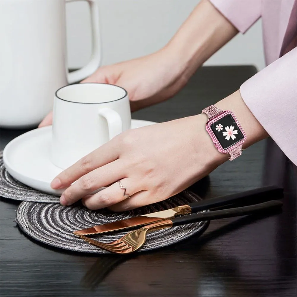 Apple Watch (45mm) 7 bead rhinestone décor in stainless steel watch strap - Rose Pink