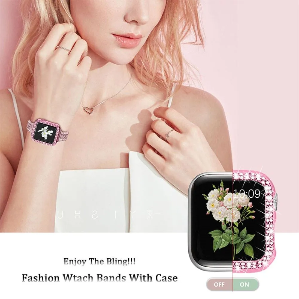 Apple Watch (45mm) 7 bead rhinestone décor in stainless steel watch strap - Rose Pink
