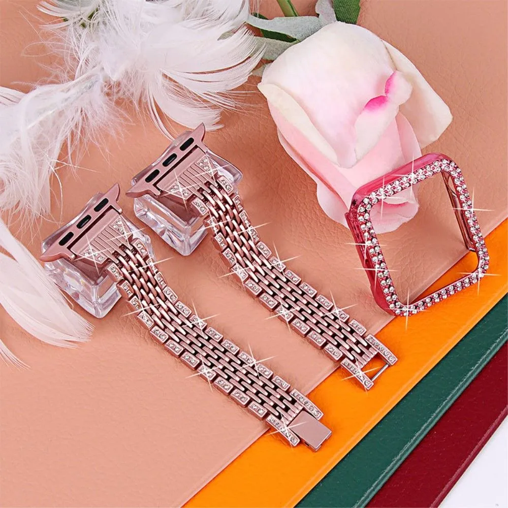 Apple Watch (45mm) 7 bead rhinestone décor in stainless steel watch strap - Rose Pink