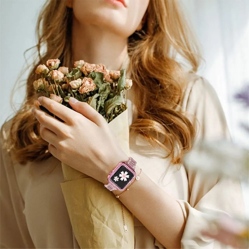 Apple Watch (45mm) 7 bead rhinestone décor in stainless steel watch strap - Rose Pink