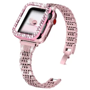 Apple Watch (45mm) 7 bead rhinestone décor in stainless steel watch strap - Rose Pink
