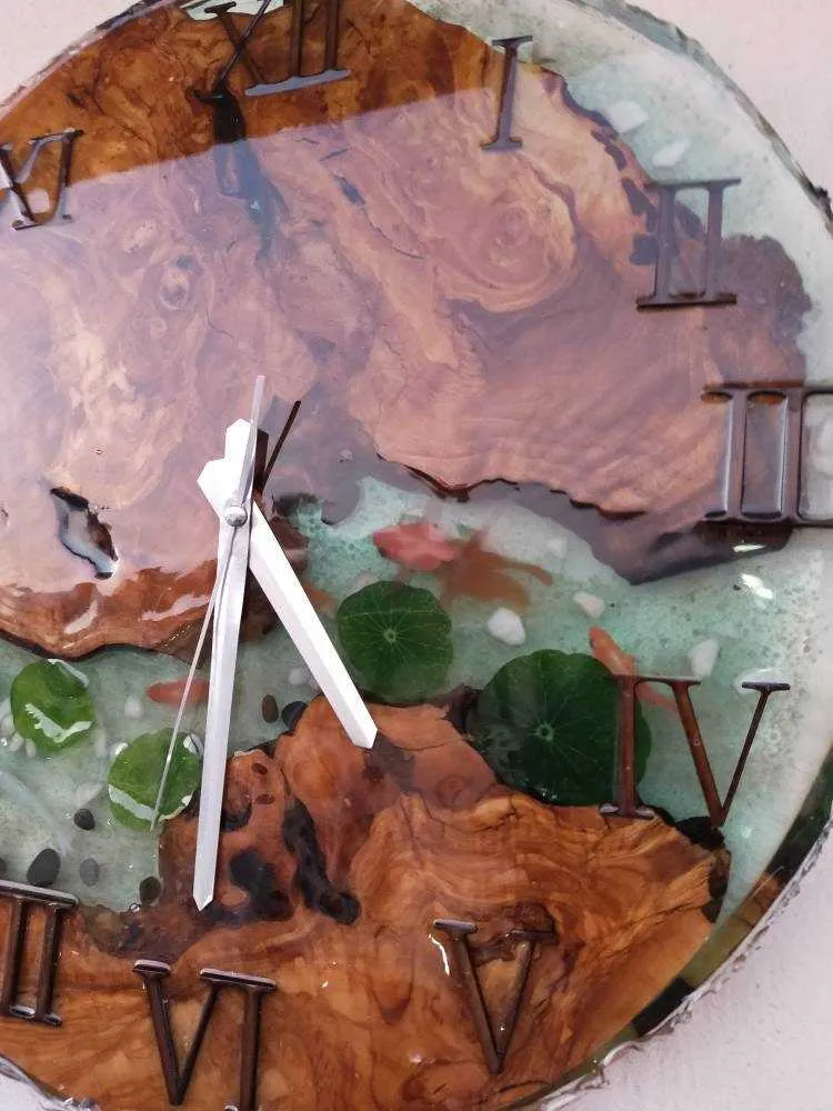 Aquarium Epoxy & Olive Wood Wall Clock
