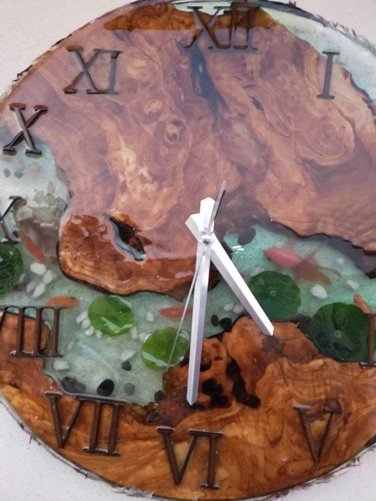 Aquarium Epoxy & Olive Wood Wall Clock