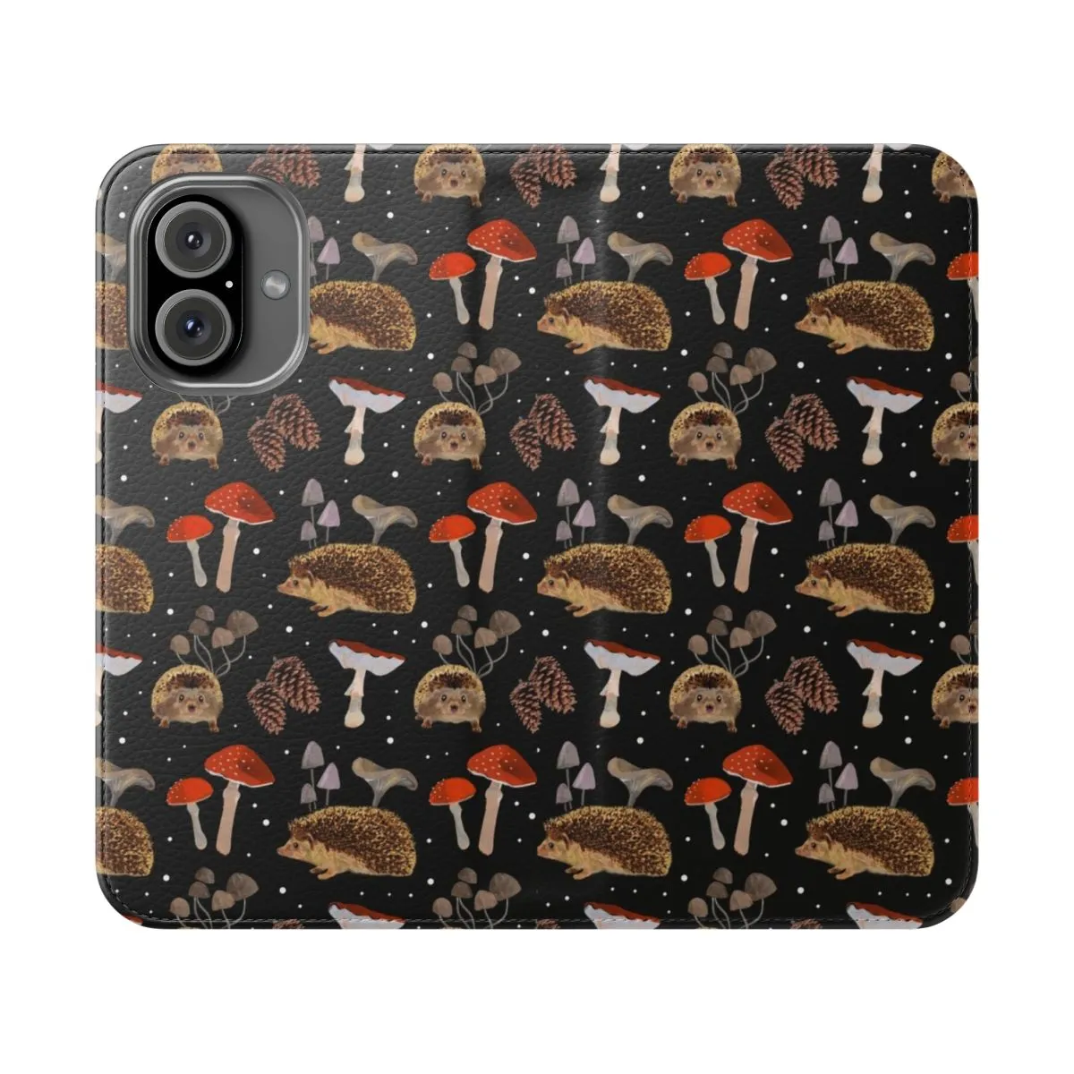 Artistic Autumn-Inspired Phone Case with Hedgehogs and Mushrooms