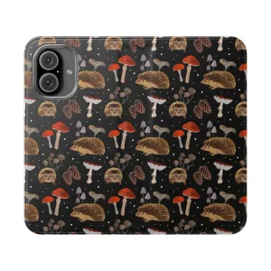 Artistic Autumn-Inspired Phone Case with Hedgehogs and Mushrooms