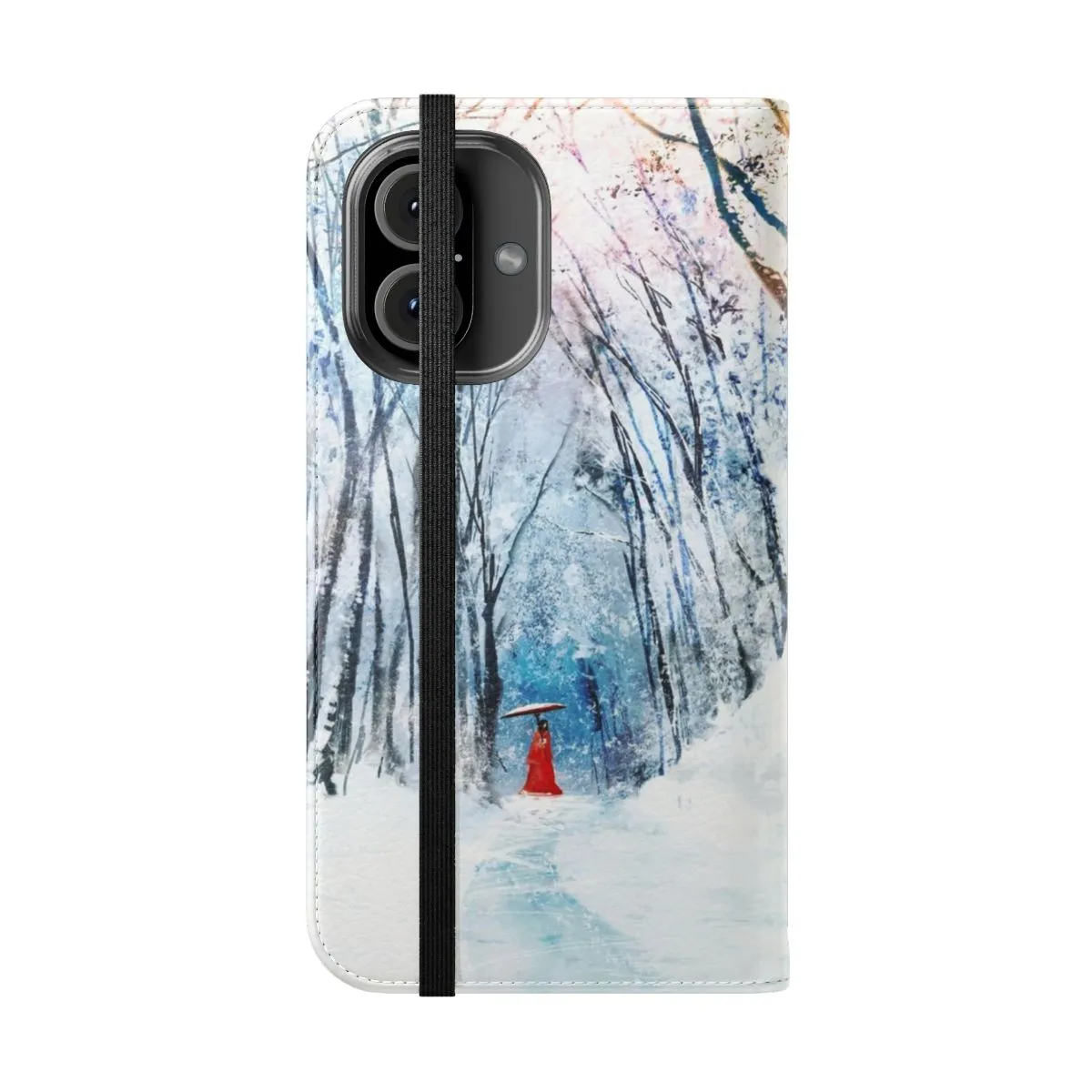 Beautiful Flip Cover Phone Case with Snowy Japanese Forest Design