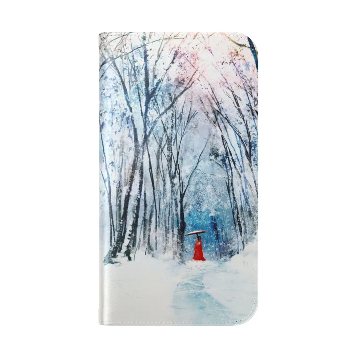 Beautiful Flip Cover Phone Case with Snowy Japanese Forest Design