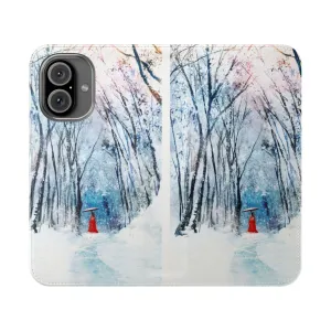 Beautiful Flip Cover Phone Case with Snowy Japanese Forest Design