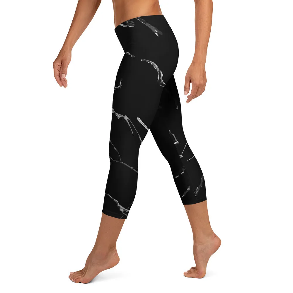 Black Marble Capri Leggings, Marble Print Women's Casual Capris Tights- Made in USA/ EU