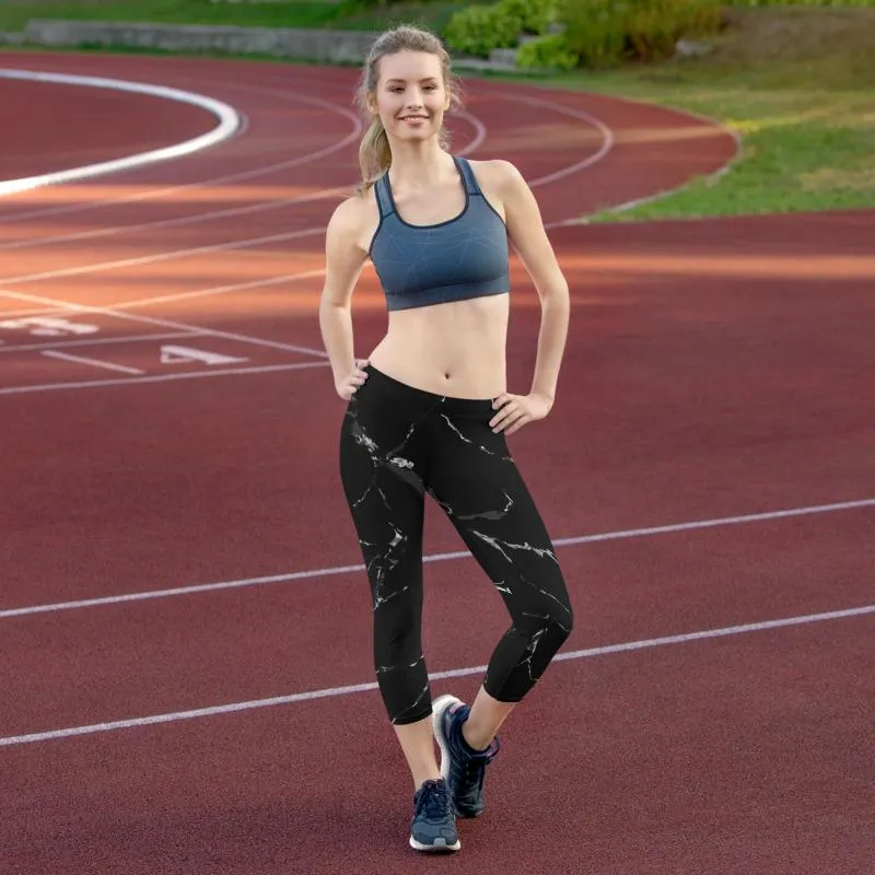 Black Marble Capri Leggings, Marble Print Women's Casual Capris Tights- Made in USA/ EU