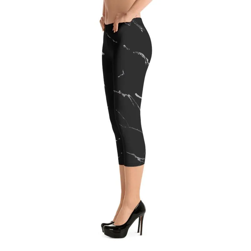 Black Marble Capri Leggings, Marble Print Women's Casual Capris Tights- Made in USA/ EU