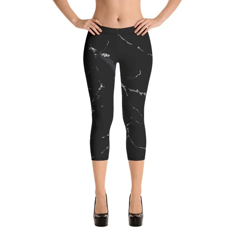 Black Marble Capri Leggings, Marble Print Women's Casual Capris Tights- Made in USA/ EU