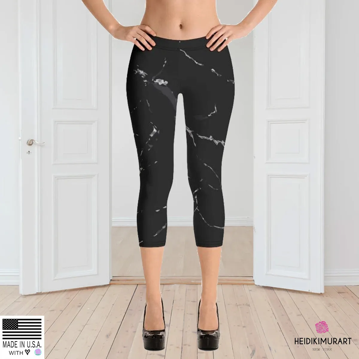 Black Marble Capri Leggings, Marble Print Women's Casual Capris Tights- Made in USA/ EU