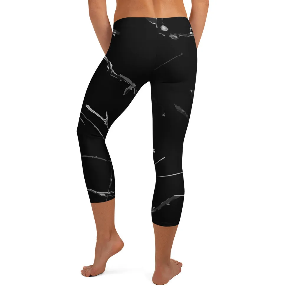 Black Marble Capri Leggings, Marble Print Women's Casual Capris Tights- Made in USA/ EU