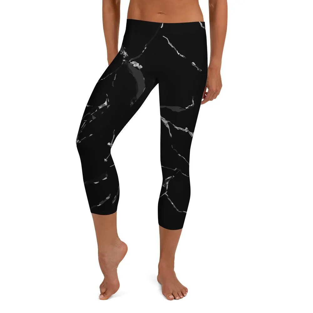 Black Marble Capri Leggings, Marble Print Women's Casual Capris Tights- Made in USA/ EU