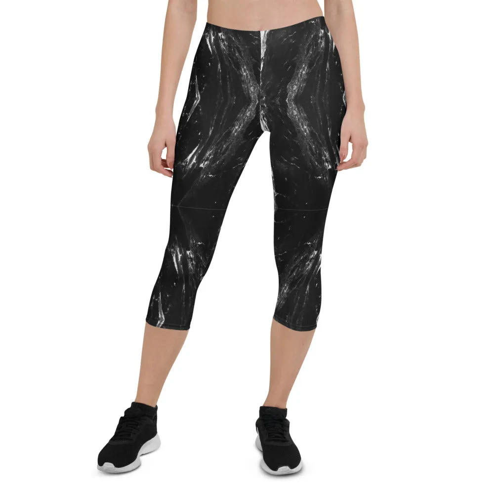 Black Marble Capri Leggings, Marbled Print Best Abstract Women's Capris Tights-Made in USA/EU